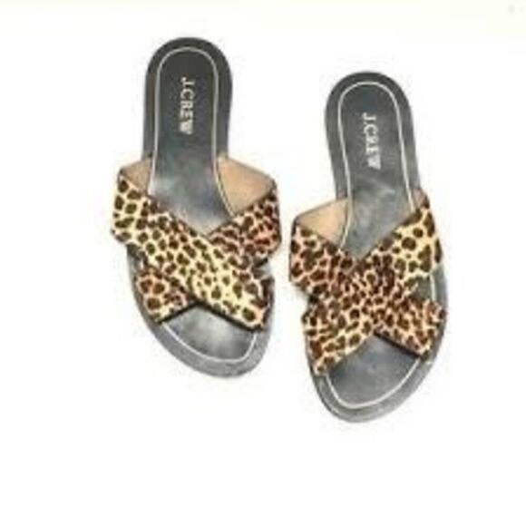 J. Crew Size 6 Leopard Print Calf Hair Slide Sandal Crossover Strap Animal Print - Picture 1 of 8